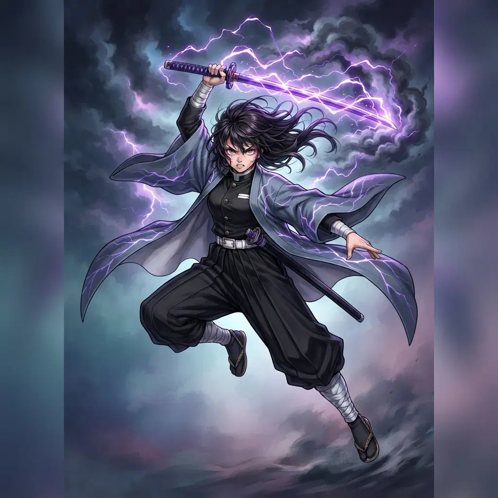 Anime illustration, original slayer mid-form, full body, black uniform, slate grey haori with violet lightning lines, katana with a violet blade raised overhead, dark hair whipping, grey storm clouds and violet bolts wrapping the blade, clean soft gradient studio background, vibrant, crisp