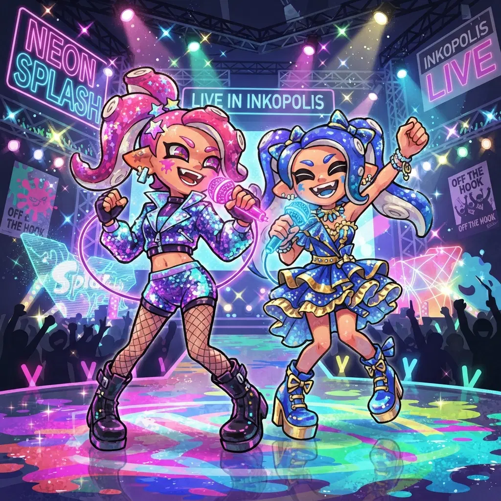 Splatoon game style idol duo inkling OC with glamorous stage outfit and mic, Nintendo Splatoon official art style, stage lights, clean background