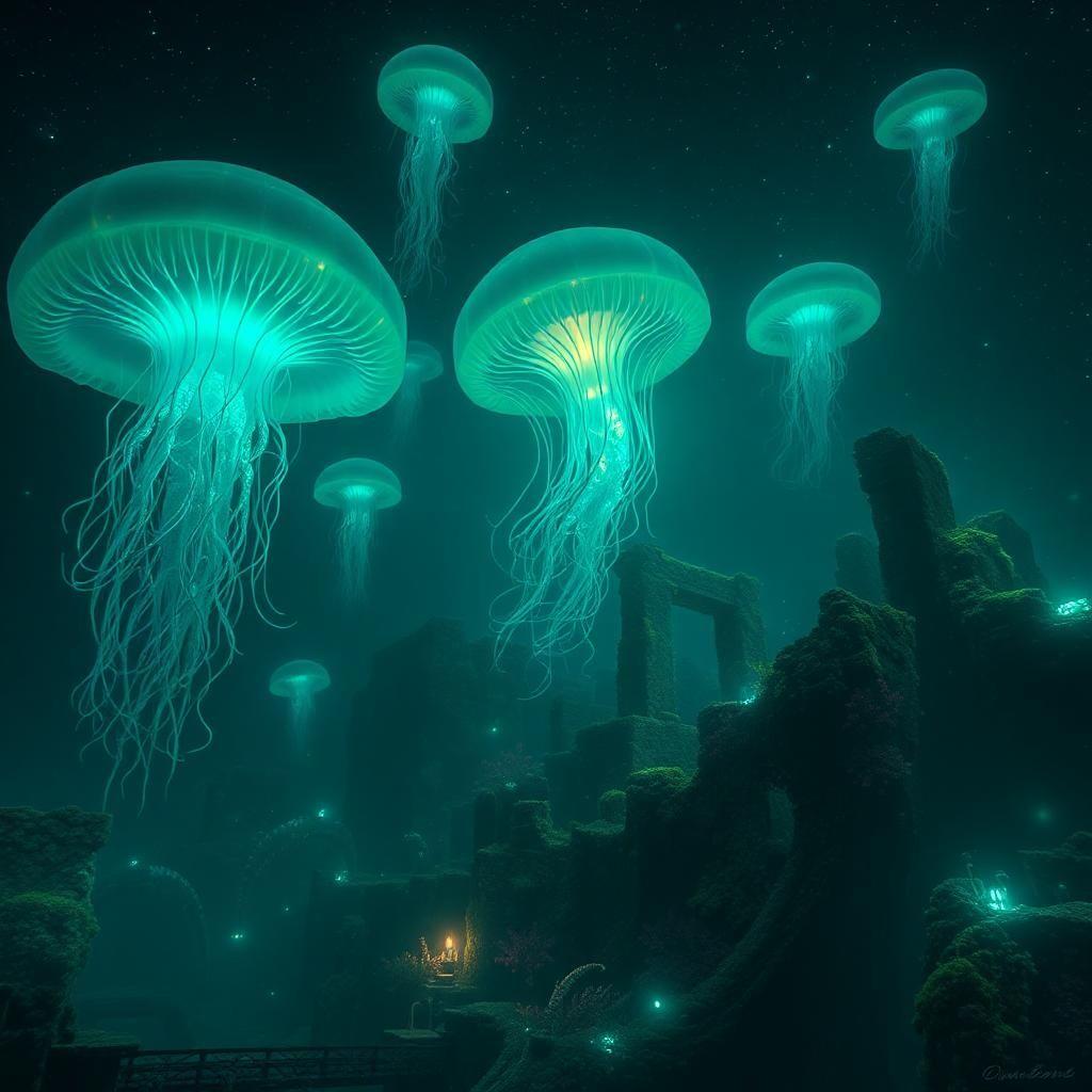 A mystical deep-sea realm untouched by humanity, where colossal bioluminescent creatures drift through the eternal darkness. Massive jellyfish pulse with neon colors, their tendrils stretching for miles. Ancient, submerged ruins hint at a lost civilization, their structures encrusted with coral and glowing moss. Strange, anglerfish-like predators cast eerie blue-green lights as they stalk their prey. The water is thick with tiny, glowing particles, creating an atmosphere of otherworldly wonder. The deeper one goes, the more surreal the world becomes, with creatures and landscapes that defy the imagination.