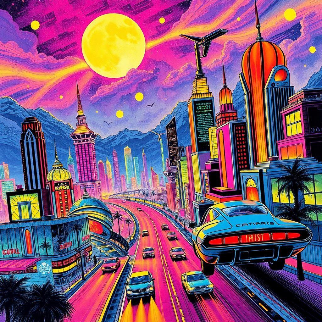 Create a dazzling retro-futurism landscape with a city of ethereal allure. Here, art deco towers and flying cars coexist with a vibrant pop art aesthetic, creating an electric atmosphere. Narratives flash by in comic book storyboards, in colors so vivid they transport viewers into a saga of dreamlike exploration.