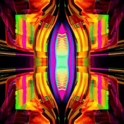 abstract digital art, symmetrical pixelated composition rendered in a supports/surfaces style, unstretched folded canvas planes soaked with pigment, raw fabric texture and simple primary‑color grid stripes, glitch aesthetic with halftone patterns and high‑contrast overexposed glow, futuristic cyberpunk vibe and synthwave atmosphere, primary color palette, primary color palette