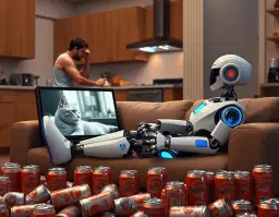 1m Sleek well engineered lazy robot with blue trainers watching large screen tv documentary about cats, reclining on a couch. 1m Exhausted human works the background wearing a glowing collar with a red light on it. The muscular human washing dishes in the kitchen visible in background. Many empty cans of "RoboBuzz" lay about in foreground. The robot is a lazy slob.