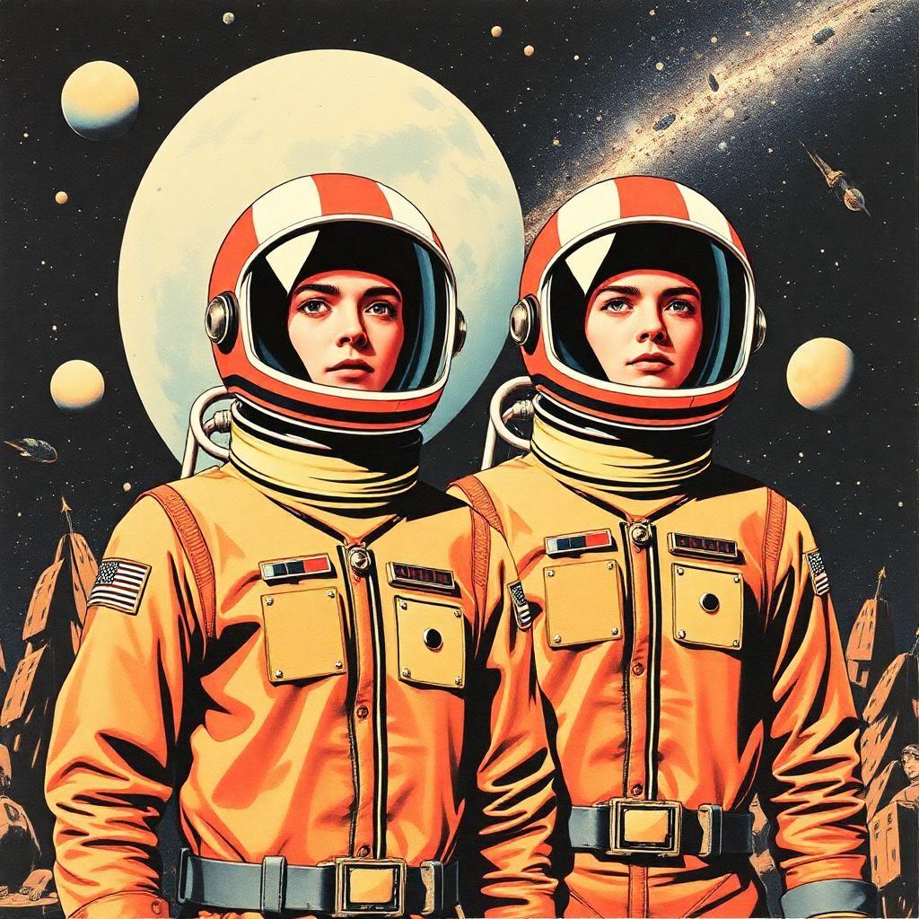 Craft a retro-futuristic collage where the vintage aesthetic meets the limitless cosmos. Picture human figures drawn in pop art style, clad in retro space suits, their actions frozen like pages in a comic book coming to life, evoking a sense of nostalgia for a future that might have been.