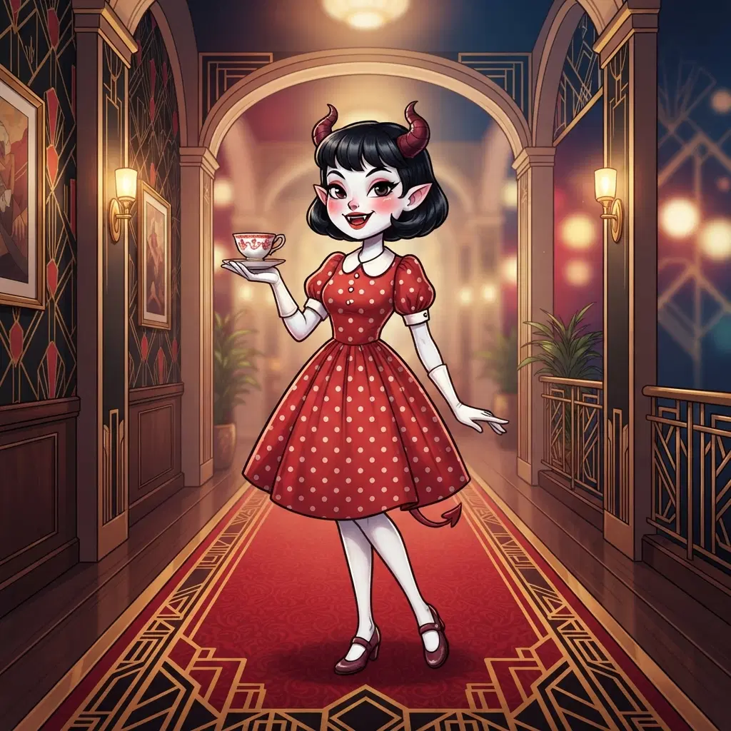 cartoon demon girl with pale white skin and pink cheeks, black bob hair, sharp fangs, tiny horns, thin limbs, red vintage dress with white gloves, holding a teacup, red black white palette, art-deco hotel hallway with red carpet