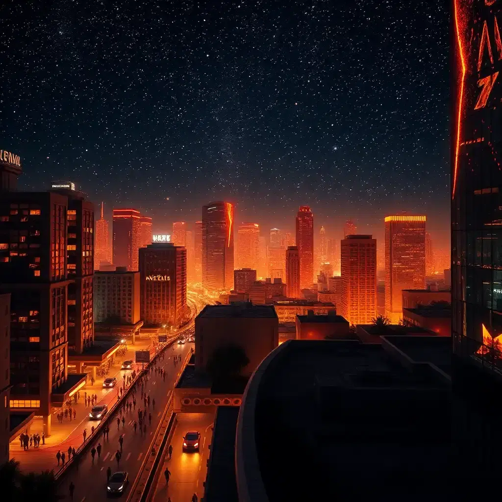 **ext. neo-los angeles cityscape - night**

camera pans over the 'incandescent' night sky ablaze with a billion blazing, fiery stars that seem to pulse with an otherworldly energy. the air is electric with anticipation.

**cut to:**

a sprawling cityscape of blazing skyscrapers that appear as titanic shards of liquid fire, bursting forth from the scorched earth. windows glow with an intense, hellish light, advertising holographic messages that flash like strobes, warning of impending catastrophe.

on the streets, humans run with reckless abandon, clad in blazing jumpsuits that shimmer with a maddening intensity. they speed through the crowded sidewalks, fueled by an aura of frenetic energy and unbridled chaos.

as the camera cuts to a high-speed chase along a blazing highway, high-speed, turbo-charged cars careen through the darkness, leaving behind trails of molten lava that smolder before extinguishing.

**cut to:**

a bustling rooftop restaurant, where robots frantically cook meals as guests sit beneath an awning formed by blazing, cosmic sparks. the air is filled with the smell of sizzling meats and the hum of machinery. in the center of the restaurant, a larger-than-life projection of a holographic sun hovers above the diners, its surface radiating an intense, hellish glow.

suddenly, a catastrophic explosion rocks the city, sending flames and debris soaring into the air. the camera lingers on the terrified faces of the diners as the city descends into chaos.

**cut to:**

a close-up of a young woman's face, her eyes wide with fear as she grips the armrest of her chair. her hair is aflame, as if set alight by the blazing cityscape.

**fade to black**

style: neo-noir, hyper-realistic, high-octane action sequence inspired by the works of john carpenter and michael bay.

color palette: deep, electric blues and reds, with smoldering oranges and yellows to convey the scorching heat of the burning city.

lighting: high-contrast, with dramatic lighting that accents the blazing cityscape and the hellish inferno that threatens to engulf it.

camera angles: fast-paced, frenetic camera movements that capture the chaos and anarchy of the cityscape. quick cuts and edits to create a sense of disorientation and fear.

audio: pulsating electronic soundtrack that echoes the rhythm of the city's heartbeat. blaring siren sounds and screams of terror add to the overall sense of mayhem.
