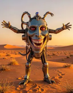 RoboMonster. An open desert at golden hour. RoboMonster is throwing both arms out wide. A single whole figure, face in view, clear of everything else in the frame.