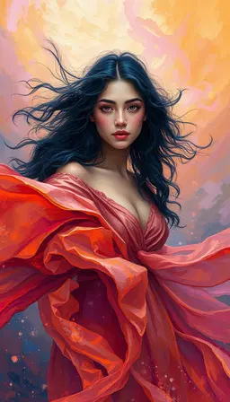 oil‑painting style with thick, textured brushstrokes and luminous, saturated colors that blend softly, showing visible impasto layers and deep, realistic shadows; the scene dominated by a powerful wind depicted through flowing, dynamic strokes, high‑key lighting, vivid contrasts, and directional brushwork that convey hurricane‑like motion and the tactile feel of air sweeping across the canvas; rendered with highly detailed 8k photographic realism, crisp depth of field, subtle bokeh, and razor‑sharp texture that capture every minute detail; centered is a young realistic woman with long black‑blue curls and a luminous complexion, bathed in a vibrant cosmic aura of warm orange, soft pink, dusky purple and deep indigo, wearing an iridescent silk gown that flows in a fluid silhouette, surrounded by delicate shimmering threads of fairy dust, with ultra‑fine highlights, micro‑patterned light and intricate impasto enhancing depth and timeless atmosphere.