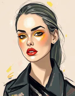 fashion model face illustration with almond‑shaped eyes, glossy black winged eyeliner, bright yellow eyeshadow, red‑orange lips, and matte skin rendered in single‑line hatching and cel shading, now transformed by an oil shadow style inspired by vincent van gogh’s flowing brushstroke chaos: rough oil textures, soft pastel smudges, and swirling shadows dominate the composition. the full‑body pose and contemporary outfit retain their sleek, fashion‑forward silhouette, but the entire scene is drenched in expressive, swirling brushstrokes and turbulent pastel tones, giving the model a dynamic, painterly aura while preserving the original facial details and clean line silhouette.