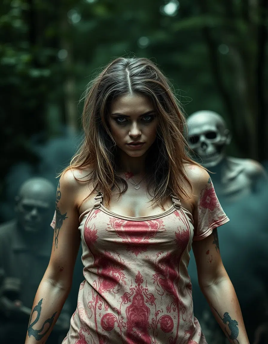 A zombie apocalypse survivor, zombie surrosurrounding her