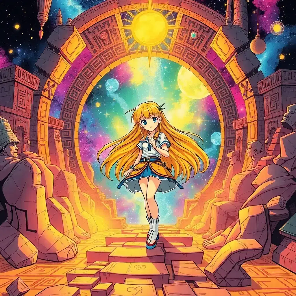 Design a spellbinding universe where vibrant colors and powerful narratives converge in a vintage comic book style. Let the protagonist be an anime-inspired figure with blonde tresses and infinite curiosity, stepping into an intricate hieroglyphic mosaic that sparkles with cosmic secrets.