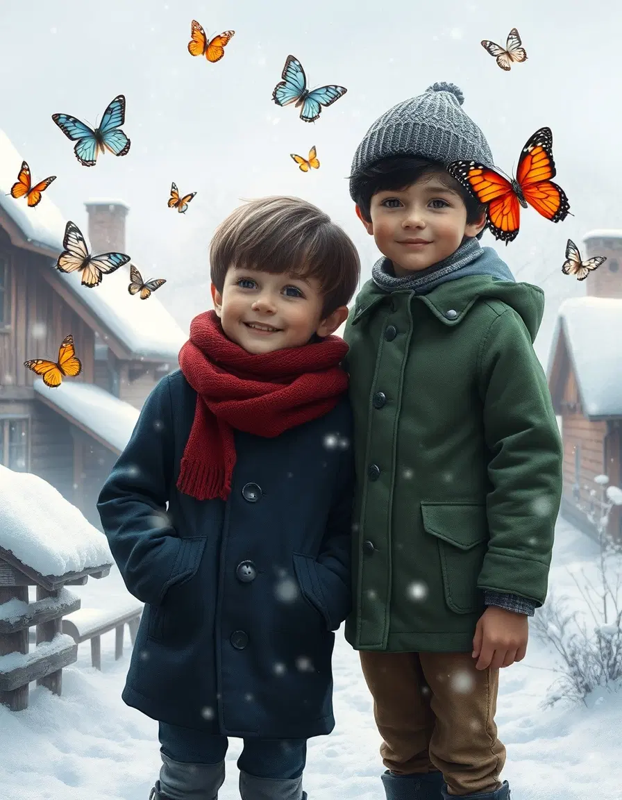 a small peaceful snowy village in winter, soft falling snow, small wooden houses covered with snow, two young boys standing together happily. the snow falls like gossamer silk, and the wooden houses are veiled in glassy transparency. the boys stand bathed in a soft, ethereal light, like they've stepped from a winter reverie into an icy dawn. between boy1's dark blue coat, cinched with a worn red scarf, and boy2's black hair etched against the morning's pale blue, a gentle flight of colorful butterflies dance and flutter organically through the village space, their iridescent wings shimmering in harmony with the soft luminescence of boy1's dark blue coat. boy2's green jacket and gray wool cap still glow softly. the village is suspended in a moment of timeless stillness, a fleeting beauty distilled by the luminous quality of the quiet winter air with delicate butterflies drifting effortlessly through it.