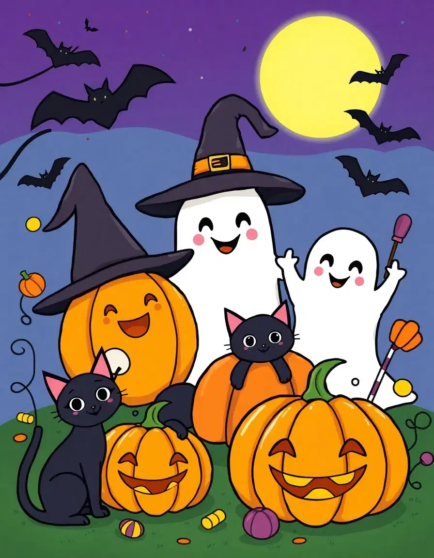 A cute and bold digital illustration for a children’s Halloween coloring book It should feature friendly cartoon Halloween elements like smiling pumpkins, ghosts, black cats, bats, witches’ hats, candy, and a full moon. The design should be colorful, bright, and playful — not scary — with a cozy and fun atmosphere. Keep the layout balanced so there’s enough empty space at the top and bottom for me to later add the title and author name. Do not add any text on the cover don’t write Halloweencoloring book on it 