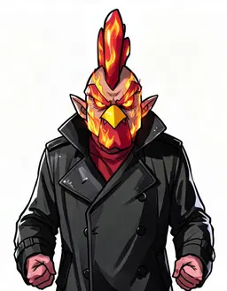 character portrait of male, Angry Chicken Man, fully clothed, angry, flaming, vengeful, in the style of Dungeon Crawler Carl, faithful to its official art style, vivid saturated colors, head and shoulders, facing forward, plain flat white background