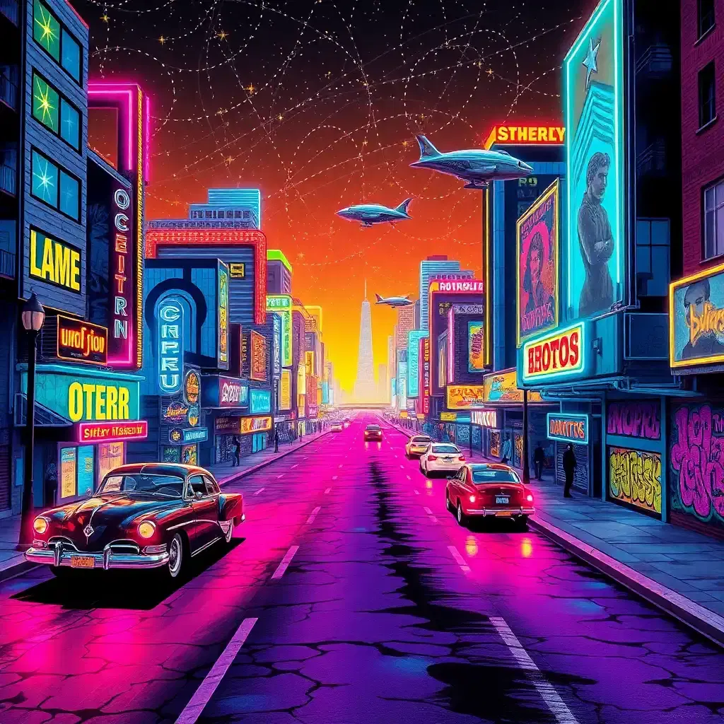 imagine a bustling retro-futuristic cityscape, where neon lights mimic stars and retro automobiles hover gracefully above paved roads, but **amplified to the extreme**! the scene pulsates with energy, painted in vibrant hues that blend pop art and futurism, all **suddenly transforming into a psychedelic graffiti wall**, inviting one to explore a world where history and future intertwine.
