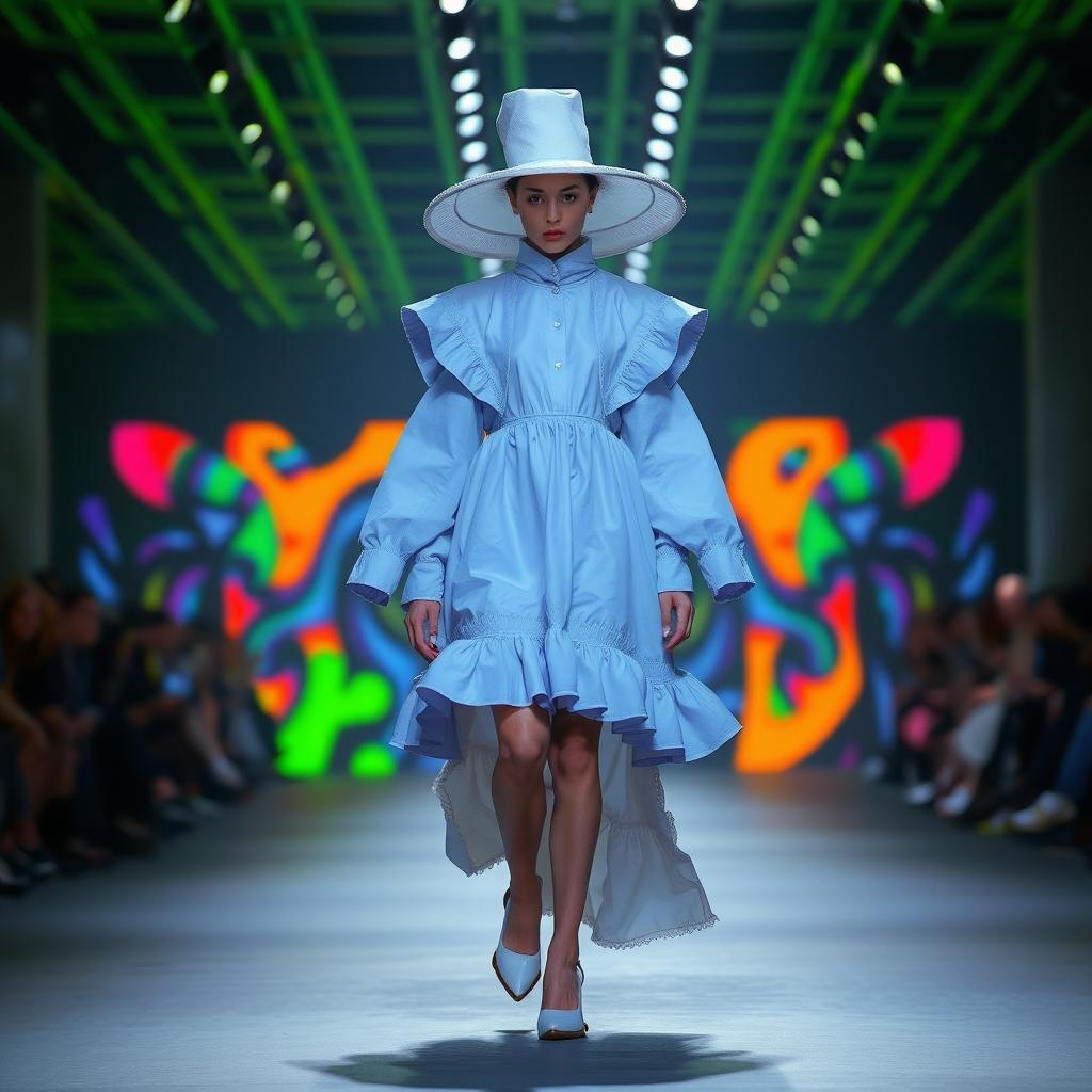 1person omish, cotton dress, styro hat, Balenciaga fashion show, outrageous, surreal, abstract, brutalist, neon, walking down the runway,