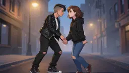 image 1 is raelynn. raelynn: human female with an urban youth archetype style. she has an asymmetrical undercut hairstyle, a sharp angular jawline, and heavy eyeliner. she wears a black lambskin leather jacket with gold zipper accents, a white crew‑neck t‑shirt, distressed black baggy distressed style jeans, and dark high‑top converse black and white canvas high top sneakers. she also sports double‑gauge hoop earrings and carries herself with a forward momentum. image 2 is girlfriend. girlfriend: white woman human with a stylized anime aesthetic, featuring shoulder length messy brown hair and large, expressive dark brown eyes. she wears a black pull‑over fleece hoodie over a white t‑shirt, paired with blue distressed jeans with a ripped hem. visible ear piercings and a relaxed posture complete her casual lounge‑around attire. scene: raelynn and girlfriend stand close together in a softly lit urban street at dusk, holding hands. their bodies lean toward each other, eyes locked in a romantic gaze as if they are the only two people in the world. raelynn’s forward‑momentum stance contrasts with girlfriend’s relaxed posture, yet their fingertips interlock tightly. light from a nearby streetlamp catches the gold zipper accents on raelynn’s jacket and highlights the shimmer of girlfriend’s ear piercings, casting a warm glow around the couple. the background shows blurred city silhouettes and gentle street‑level fog, emphasizing the intimate connection between the two characters.