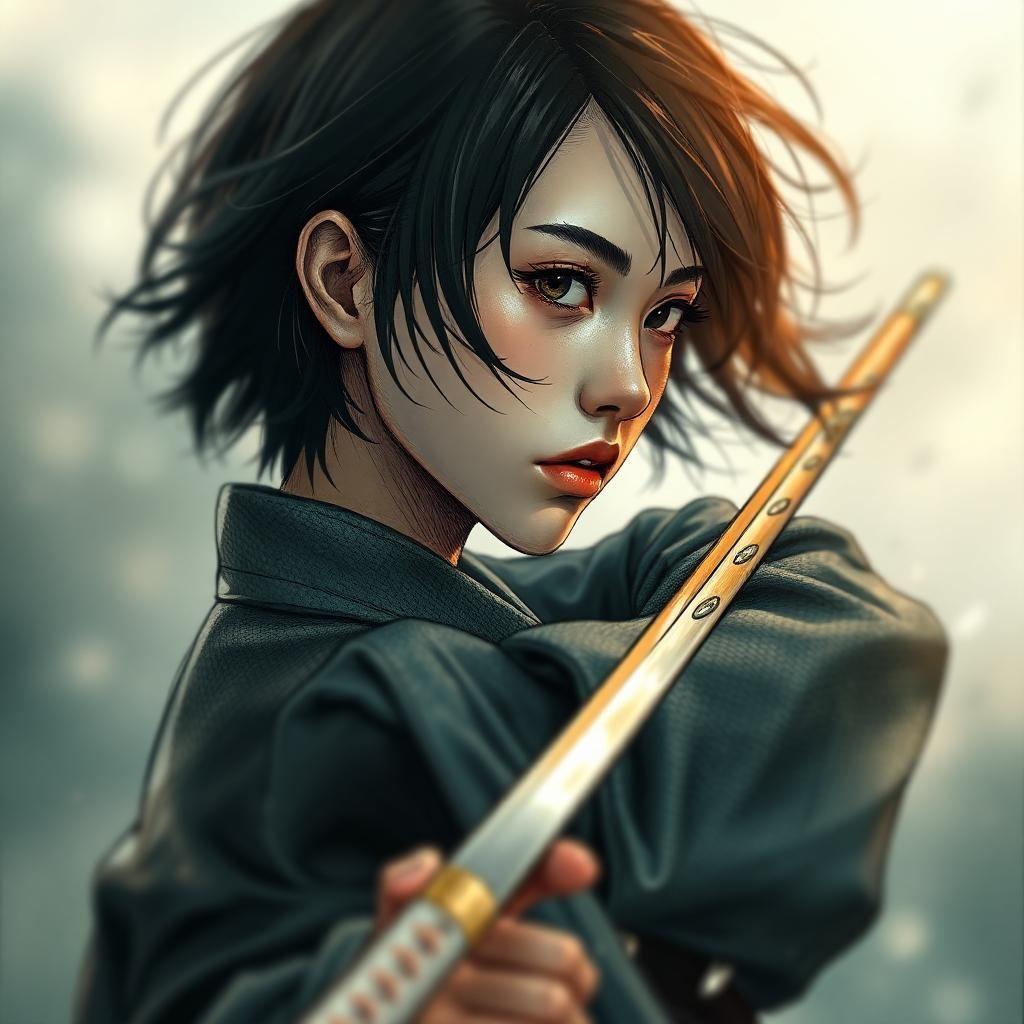 painterly holographic sketch illustration, nose, lips, perspective, depth of field, blurry background, 1girl, holding katana, facing to the side, expressionless, dynamic pose, textured clothes, textured background, textured skin, textured foreground, floating hair, short hair, suspended in mid-air, rendered at an unparalleled level, an awe-inspiring and breathtaking masterpiece, with stunning, photorealistic quality.