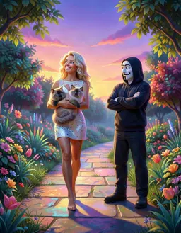 Lucy Diamond walks in her garden, barefoot on a sun‑lit path, holding a sleek Birman cat while wearing stilettos; she gazes toward the horizon with a relaxed smile, the cat perched contentedly on her arm. Beside her, Beavis785 stands at the edge of the path, arms crossed, looking toward Lucy with a curious expression. The scene is rendered as a hyper‑realistic 3D digital CGI composition with physically‑based rendering, ray‑traced global illumination, path‑traced reflections, subsurface scattering, anisotropic specular highlights, and smooth shading. The garden features volumetric lighting, spectral gradient foliage, iridescent sheen on leaves, and a neon‑saturated sky with complementary color juxtaposition. High dynamic range HDR lighting creates extreme luminance contrast, soft‑edged highlights on Lucy’s stilettos and the cat’s fur, and deep shadow gradients across the path. The overall aesthetic blends contemporary digital abstraction, cyber‑surrealism, and neo‑constructivist digitalism, delivering an ethereal, luminous, fluid, otherworldly scene with radiant abstraction and chromatic dynamism. Oil‑paint style overlay adds glossy impasto strokes, vibrant rainbow colors, and visible brush‑knife textures, enhancing the synthetic elegance of the composition.