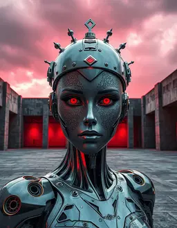 a striking tall robot with a female human face, the face intricately embedded with steel filigree metalwork, the metallic patterns weaving across the cheekbones and forehead like delicate lace, and a gleaming metal head adorned with additional metal accessories that frame the eyes and crown, standing in a stark brutalist courtyard of raw concrete slabs and massive geometric columns, under an overcast sky lit with dramatic red lighting that casts deep shadows and a crimson glow across the scene, emphasizing the cold metallic textures and the imposing futuristic silhouette.