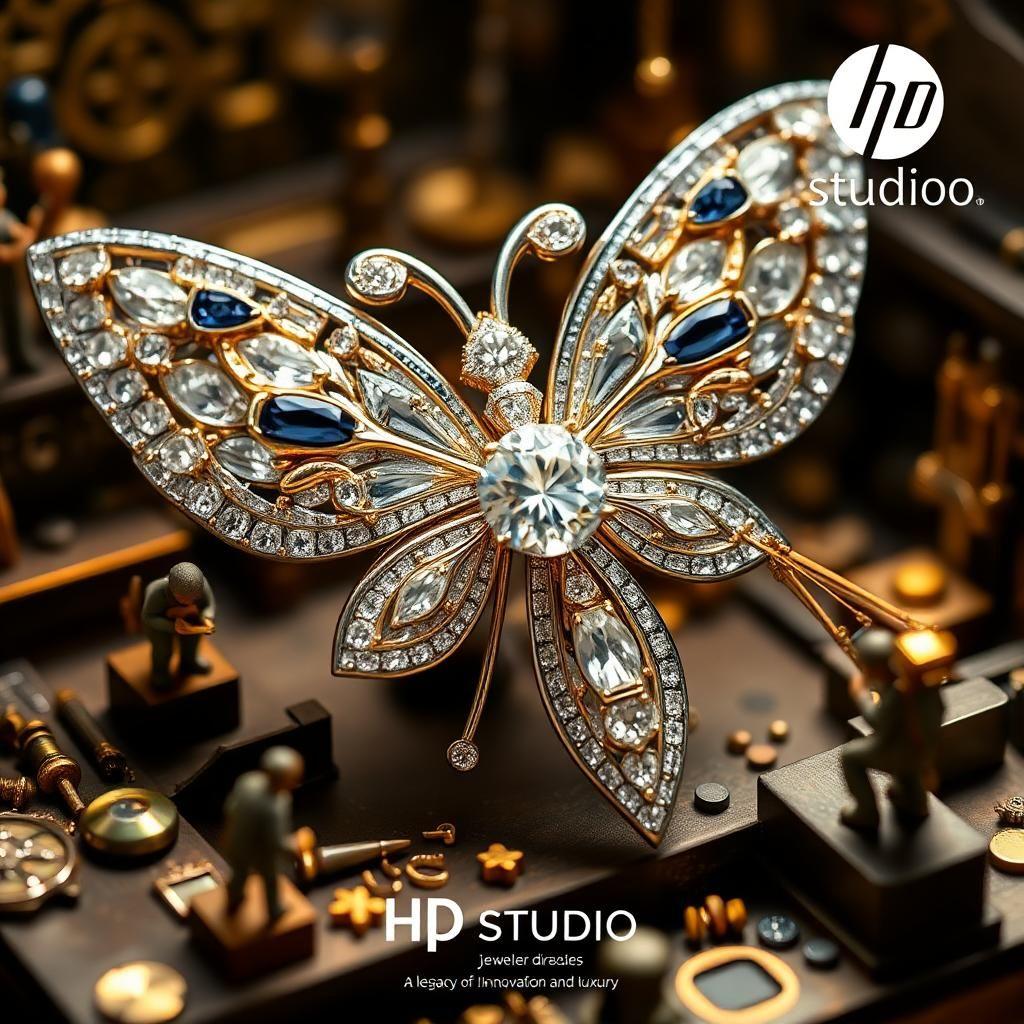 A striking oversized diamond brooch, shaped like a delicate **Diamond jhanjar** with gem-studded wings, takes center stage in an intricate miniature jewelry studio. Tiny artisans bring the piece to life—one polishes a sapphire-encrusted wing, while another meticulously engraves intricate feather-like details into the platinum frame. A jeweler welds golden antennae into place, while a tiny crane carefully positions a central diamond, ensuring a perfect balance. The brooch shimmers under expertly directed lighting, its brilliance enhanced by the rich textures. The "HP-Studio" branding subtly integrates into the background, reinforcing a legacy of innovation and luxury.