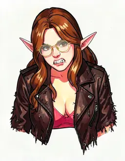 Redraw the person in the reference image as a character portrait of female, them, fully clothed, warm brown hair, Brown, a fair complexion, long pointed elf ears, Gold hexagon thin glasses, A bit feral, in the style of Dungeon Crawler Carl, faithful to its official art style, vivid saturated colors, head and shoulders, facing forward, plain flat white background. Keep their face, hairstyle and distinguishing features clearly recognisable as the same person.
