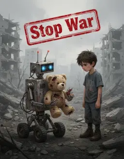 post-apocalyptic world, a basic wheeled robot holds a damaged teddy bear among the ruins to a sad boy. above Red stamp "Stop War".