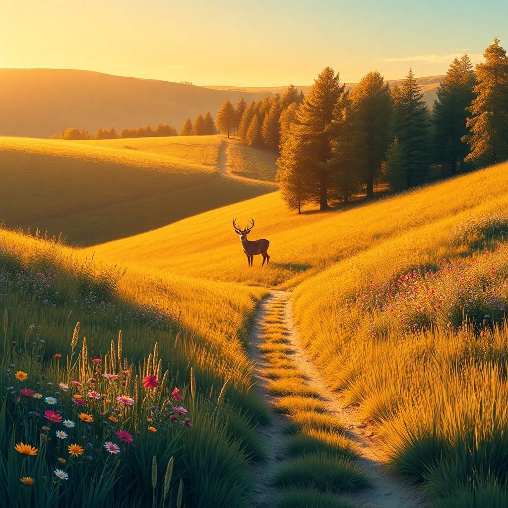 A tranquil meadow bathed in the golden glow of late afternoon light. Wildflowers of every color sway in the gentle breeze, and a narrow dirt path winds through the rolling hills. A lone deer stands at the edge of the trees, its ears twitching as it watches the horizon. The scene is peaceful, a perfect moment frozen in time, capturing the raw beauty of nature’s untouched splendor, in a comic strip for kids style