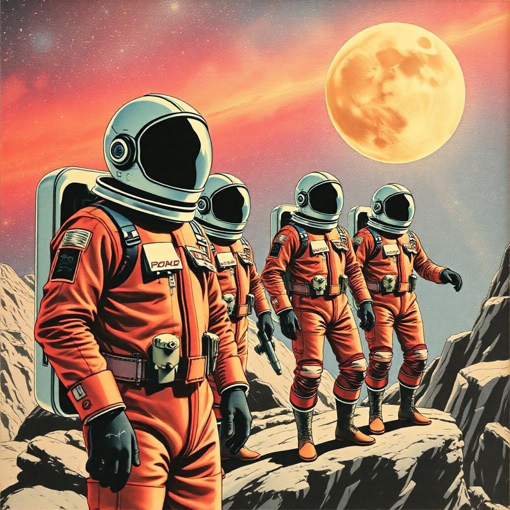Craft a retro-futuristic collage where the vintage aesthetic meets the limitless cosmos. Picture human figures drawn in pop art style, clad in retro space suits, their actions frozen like pages in a comic book coming to life, evoking a sense of nostalgia for a future that might have been.