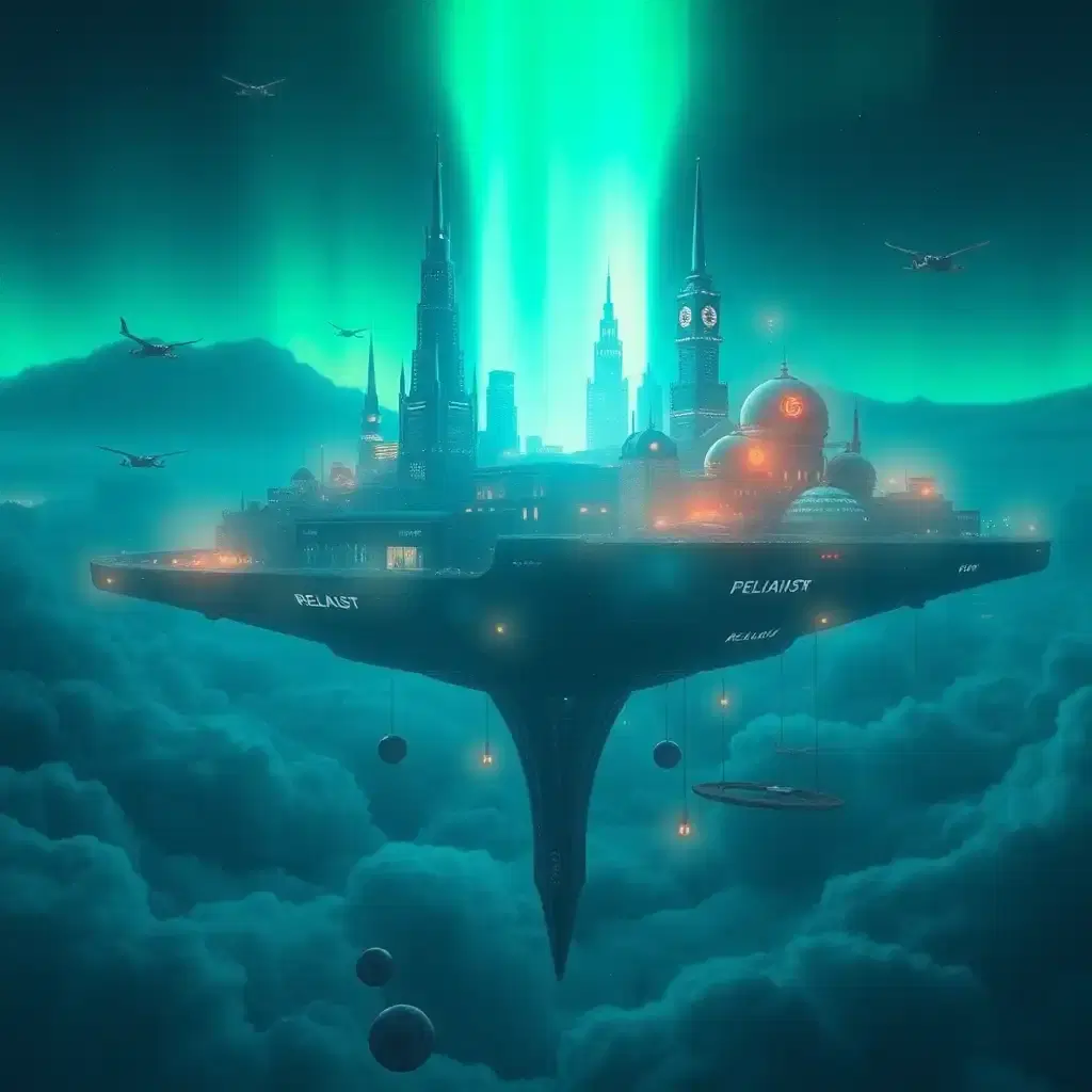 ### 1. **El Resplandor del Futuro**  
{{Una **futurista representación** de {((una ciudad flotante iluminada por una aurora boreal))}}} con {((detalles de rascacielos suspendidos, vehículos voladores y luces neón que se reflejan en nubes vaporosas))}. Esta imagen está inspirada por {((el estilo cyberpunk y surrealismo))}, mostrando {((una utopía tecnológica con elementos oníricos y abstractos))}. El entorno/fondo debe ser {((un cielo nocturno con tonos azules y verdes intensos))}, para crear una {((atmósfera de misterio y asombro))}. La toma debe ser {((panorámica, capturada con un lente de gran angular))}, destacando una {((perspectiva de amplitud y profundidad))}. La iluminación será {((suave y difusa, con reflejos de neón en la atmósfera))}, enfatizando {((la textura de las estructuras y la intensidad de los colores))}. Nivel de detalle: {((alto, con resolución 8K))}.