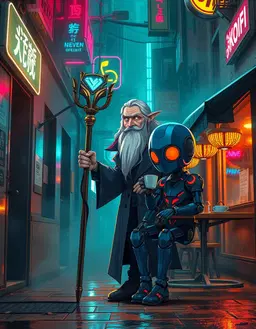 cyberpunk gandalf standing in a smoky back alley of a neon‑drenched megacity, his staff glowing as a conduit of pure data streams, robes replaced with a trench coat woven from circuitry and fiber optics, holographic runes floating around him, flickering neon signs illuminating his wizened face; a stylish humanoid robot lounging at a quiet coffee shop in the background, its body language loose and unbothered, resting with a relaxed “eh, whatever” attitude while sipping motor oil from a tiny espresso cup, rendered in chibi mature anime style with detailed 2d linework, soft cel shading, spriggan‑inspired mechanical design, glossy blue candy‑finished armor, refined and elegant rather than aggressive; hyper realistic detail throughout, wide framing, camera angle from low level looking up, dramatic high‑contrast lighting with rim lights, environmental atmosphere of fog, haze, rain, and dust swirling through neon glare, color grade of teal/orange with muted warm gold accents, overall mood of gritty wonder and relaxed defiance, captured with a 85mm lens, f/1.4, iso 800, cinematic style.
