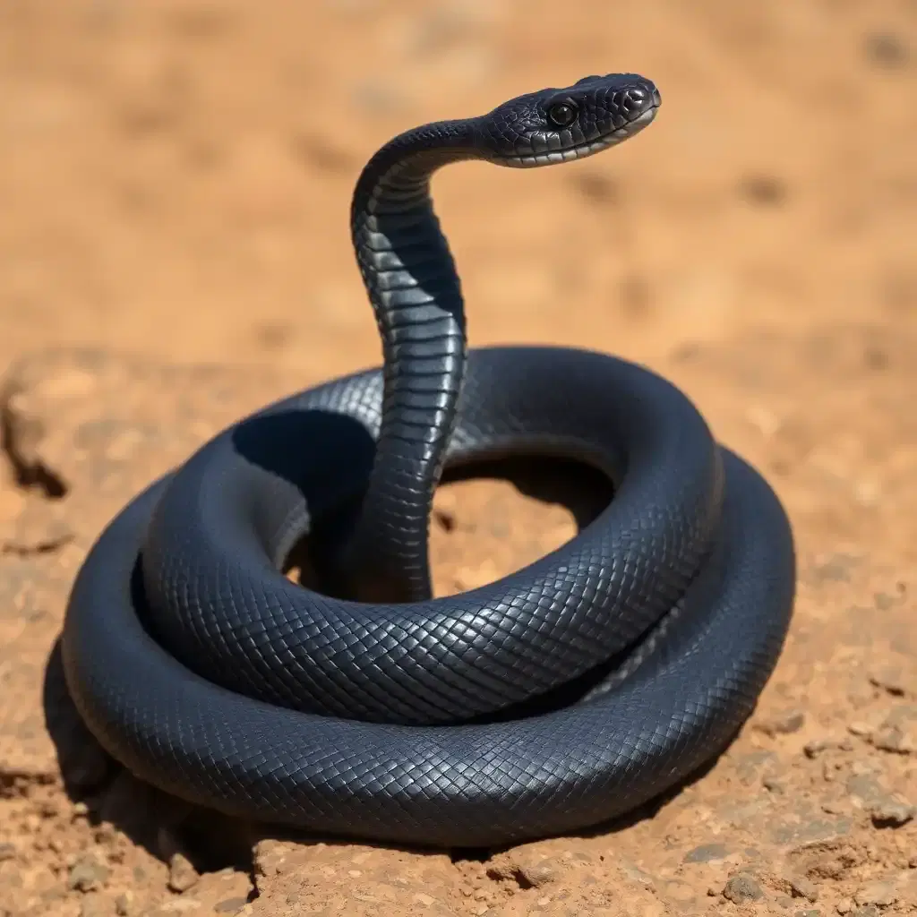 A striking image of a Black Mamba snake coiled on a rocky outcrop, its sleek, dark-gray scales shimmering under the sunlight. Its head is raised, mouth slightly open to reveal the infamous inky-black interior. Its piercing eyes are locked onto a target, exuding both beauty and danger. The background consists of dry African terrain, hinting at the deadly speed and agility this creature possesses in the wild.