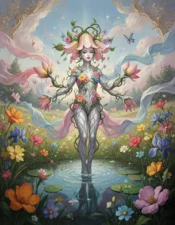 a floral humanoid with porcelain skin, silvery veins, a blooming bell‑flower head, vine‑arms and petal‑fingers stands in a floating dream meadow beside a still reflective pool, rendered in a vibrant fantasy style with high saturation, bright colors, ethereal lighting and whimsical, dreamlike atmosphere. the scene bursts with surreal, imaginative energy: wide‑angle perspective, dynamic movement, colorful flora and flowing fabric swirl around the figure, captured as if through a 24mm lens at f/4. maximalist patterns and clashing hues echo henri matisse cutout shapes, while the rococo pastoral composition retains soft pastel tones and ornamental edges, now amplified by fantastical, enchanting brushstroke vigor.