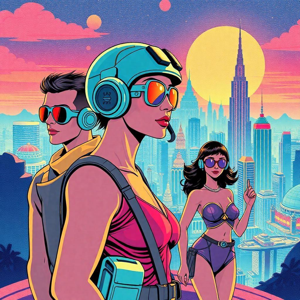 Illustrate a futuristic celebration of retro design, with human figures illustrated in bold pop art colors, set against a shimmering city that mirrors an explorer's paradise from another era. The vibrancy encapsulates a society that blends the ideals of futuristic optimism with timeless style.