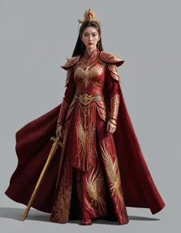 A regal female warrior sovereign with a high forehead, arched eyebrows, and almond-shaped eyes, her dark hair falls straight past her shoulders and is marked by a red bindi at the center of her forehead. She wears elaborate crimson ceremonial armor trimmed with gold filigree, a mandarin collar, winged pauldrons, and a flowing robe embroidered with golden phoenixes, plus an ornate golden crown crowned with flame-like spires and a red gemstone. In her right hand she grips an ornate golden sword with an intricate hilt, while a wide belt with a central medallion and a cape drape from her shoulders, completing her majestic silhouette.