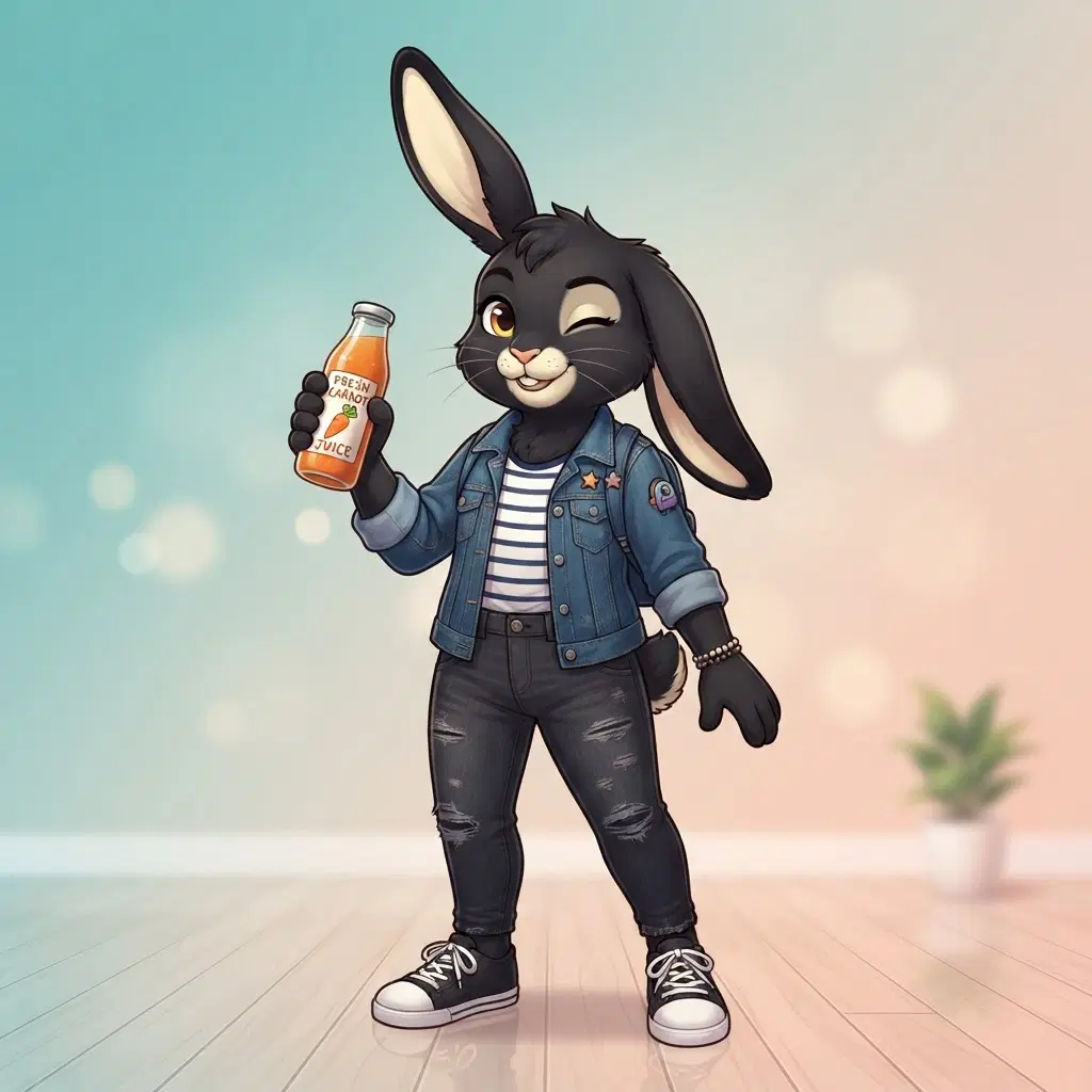 anthro black lop bunny fursona character, full body, playful wink, one ear up one ear down, wearing a denim jacket and striped shirt, holding a carrot juice, clean soft gradient studio background, vibrant, crisp high detail, digital illustration