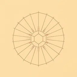 geometric line art, minimalist drawing on warm amber‑honey paper, central sunburst pattern radiating from a hexagonal core, segmented circular arcs with dashed construction lines, symmetrical radial composition, clean vector style, technical precision, flat lighting, golden‑hour palette, glowing nostalgic tones of amber, honey, rose and soft peach with gentle lilac shadows, centered within a square frame, abstract architectural diagram, isometric perspective, high contrast, crisp edges, pure line work, mathematical symmetry, modernist graphic design, minimalist composition, golden‑hour palette.