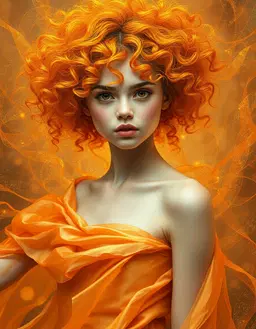 a young realistic woman with bright orange‑yellow curls and luminous complexion, centered in a cosmic aura, wearing an iridescent silk gown that flows in an organic silhouette, surrounded by layered textures and shimmering fairy‑dust threads, rendered in a monochromatic orange palette, depth created by shifting shades and tints, monochromatic orange palette.