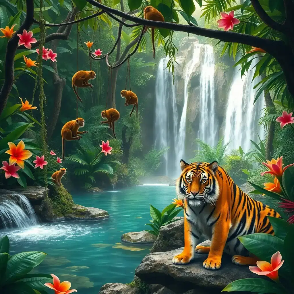 a ridiculously hidden tropical paradise, where waterfalls cascade into natural pools surrounded by ridiculously dense jungle. exotic flowers bloom in every direction, their ridiculously oversized petals rich with ridiculously vibrant hues. a family of ridiculously playful monkeys swings from the ridiculously long vines while a ridiculously majestic lone tiger watches from the ridiculously shaded area, its ridiculously gleaming amber eyes laughing out loud. the air is ridiculously thick with the ridiculously loud songs of ridiculously unseen creatures, and the entire scene feels like a ridiculously hilarious glimpse into a ridiculously lost eden.