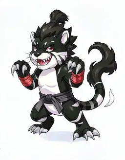 A soft, hand-painted Pokemon creature illustration of a tiger-like pokemon with a stocky rounded body, a big round head with a blunt muzzle, fluffy cheek tufts, bold zigzag stripes and one thick banded tail, its body coloured jet black with white accents, white ear tips, tail tip and feet, big sharp claws growing from the tips of its feet, as long as its toes, a kung fu gimmick carried through its body: long flowing whiskers like a kung fu master's moustache, long whip-like fur streamers trailing from its forearms, and a tuft of fur on top of its head bound up like a topknot, fighting type, with a small sturdy martial-artist build standing upright with clenched fists raised, red wraps bound around its fists and a black belt tied around its waist, ghost type, with its body hovering in mid-air, its tail trailing off into curling purple smoke, spiky ragged purple shadow fur on its head and back, glowing eyes, a huge sharp-toothed grin and a faint purple glow around its outline. Rounded shapes, expressive anime eyes and appealing proportions with a slightly oversized head and a compact body; a silhouette that reads at a glance. Clean, thin, slightly organic pencil-like outlines. Familiar Pokemon design language: believable creature anatomy, simple colour blocking, elemental traits integrated naturally into the body, selective detail, clear personality. Soft colours, creamy highlights, gentle cel shading blended with painterly gradients, subtle watercolour and gouache texture on faint paper grain, matte softly illustrated surfaces. Show the full creature standing in a three-quarter pose, centred on a plain white background.