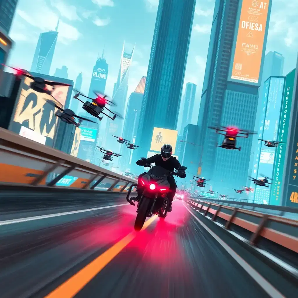 A high-speed chase through a futuristic cyberpunk world, where a hacker on a sleek, neon-trimmed motorcycle races through the glowing streets of a city dominated by AI surveillance. The roads are suspended high above the ground, with towering skyscrapers stretching into the clouds. Digital billboards shift and morph, displaying real-time data streams. A squad of drone enforcers pursues the hacker, their red laser sights scanning for movement. The hacker’s visor flashes warnings and escape routes, guiding them through an ever-changing maze of alleyways and sky bridges. The city is alive, a digital entity in its own right, watching every move.