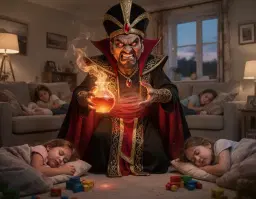 an evil snake portrayed as a taller, playful father dressed in an elaborate, golden‑trimmed evil jafar costume, clutching the bubbling evil potion, its expression shifting from a menacing grin to a fierce, angry glare tinged with a grimace of sudden tummy pain, standing in a modest, warmly lit living room of a small house in warrington; the scene remains a close‑up, dramatic action‑movie style shot capturing its intense, fiery stare, the glowing potion, and flamboyant jafar robes, complete with flowing cape, ornate headpiece, and shimmering gold accents; around it, its children are sleepy and curled up, eyes closed as they drift into sleep, their faces softened by the gentle indoor lighting; the room features cozy domestic details – a couch, a few toys scattered on the carpet, and a window showing a faint glimpse of the evening sky – contrasting the ordinary home setting with the larger‑than‑life, theatrical costume and the newly intense, vengeful atmosphere.