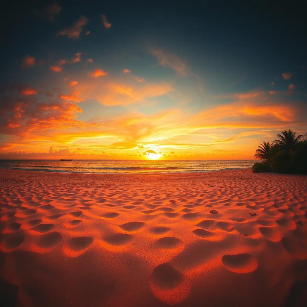 wonderful sunset sand paradise island, sea in the background, orange, bronze and gold colours, masterpiece, wide angle, 8k