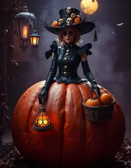 une femme elegante style alice au pays des merveilles, cimetiere des citrouilles gigantesque et surrealiste, massive pumpkin hull dominating the lower half, black leather skull‑patterned outfit, ornate skull‑jewelled hat, holding a basket of pumpkins, smoking pumpkin lanterns, soft fill lighting, cinematic bounce fill, gentle shadows, open hopeful atmosphere, light mist, swirling dead leaves, spectral ambience, 1920s jazz age setting, smoky speakeasy lighting, flapper silhouette, deep purple and soft dusty pink palette, velvety midnight blue accents, faint silver highlights, deep purple and soft dusty pink palette.