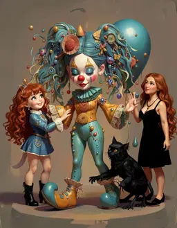 A bipedal clown figure with an oversized red spherical nose, elongated chin, and heavy blue eyeshadow over closed eyelids stands central, its voluminous turquoise hair styled in two high pigtails adorned with floral ornaments, butterflies, beads, and metallic baubles, while floating spherical elements orbit its head and torso. The clown wears an ornate costume of turquoise and ochre, with a bead‑studded bodice, lace‑trimmed sleeves, and oversized curved boots, and it carries a large teal balloon in its right hand and a small feline companion perched on its left boot. Pierrot Girl stands to the left of the clown, gently touching the balloon with her fingertip as if offering a playful smile. Raven crouches near the clown’s right boot, leaning forward and reaching toward the feline companion, eyes fixed on the creature with curiosity. Long curly reddish hair stands behind the clown, arms outstretched toward the floating spherical elements, gazing upward at the teal balloon. Reallifebarbie appears at the far right edge of the frame, stepping forward with one hand raised to wave toward the clown while her head turns to glance over her shoulder at Pierrot Girl.