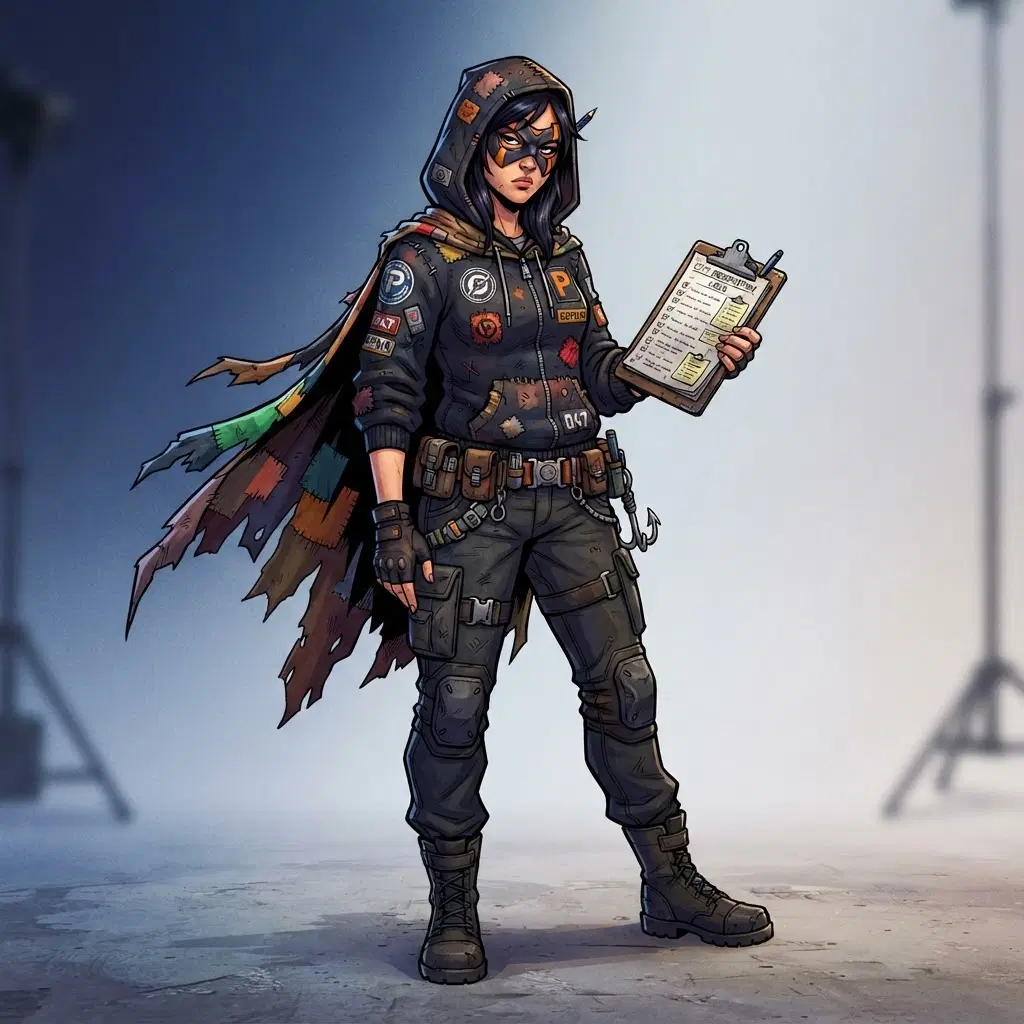 original character: a masked vigilante in a patched hoodie-and-cape combo holding a clipboard, unimpressed slouch, bold comic book cel-shaded illustration, clean soft gradient studio background, vibrant, crisp high detail