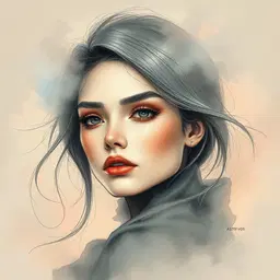 vague: volumetric fog overlapping palettes, celestial ink wash and crisp line art blend into an ethereal composition of misty clouds and luminous colours, rendered with rough pastel brush techniques and soft watercolor washes, thin pencil lines merge into hazy pastel glows against a sepia‑grey backdrop with hints of misty blue, balancing delicate texture, fluid strokes, and subtle gradients to evoke magical realism while maintaining perfect clarity and idealized form, style astrid vos: chic and edgy style featuring strong, dynamic, expressive characters with high‑fashion elegance, stylised fashion close‑up faces, dramatic eye details and vibrant artistic fashion sketches, all presented with crisp line art, vibrant pastel hues, and a muted sepia background that highlights the luminous mist and pastel glows, creating a surreal yet sharply defined portrait that combines magical realism and high‑fashion aesthetic.