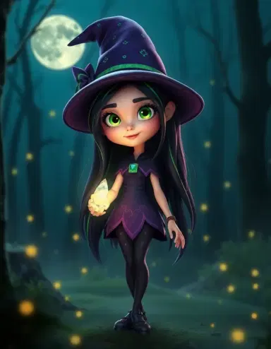 3D cartoon witch girl “Hindina”, glowing green eyes, long black hair with green streaks, slim body, purple-black witch gown, holding glowing crystal staff, standing in misty moonlit forest, fireflies around, Pixar-style lighting, cinematic soft glow, consistent character design.