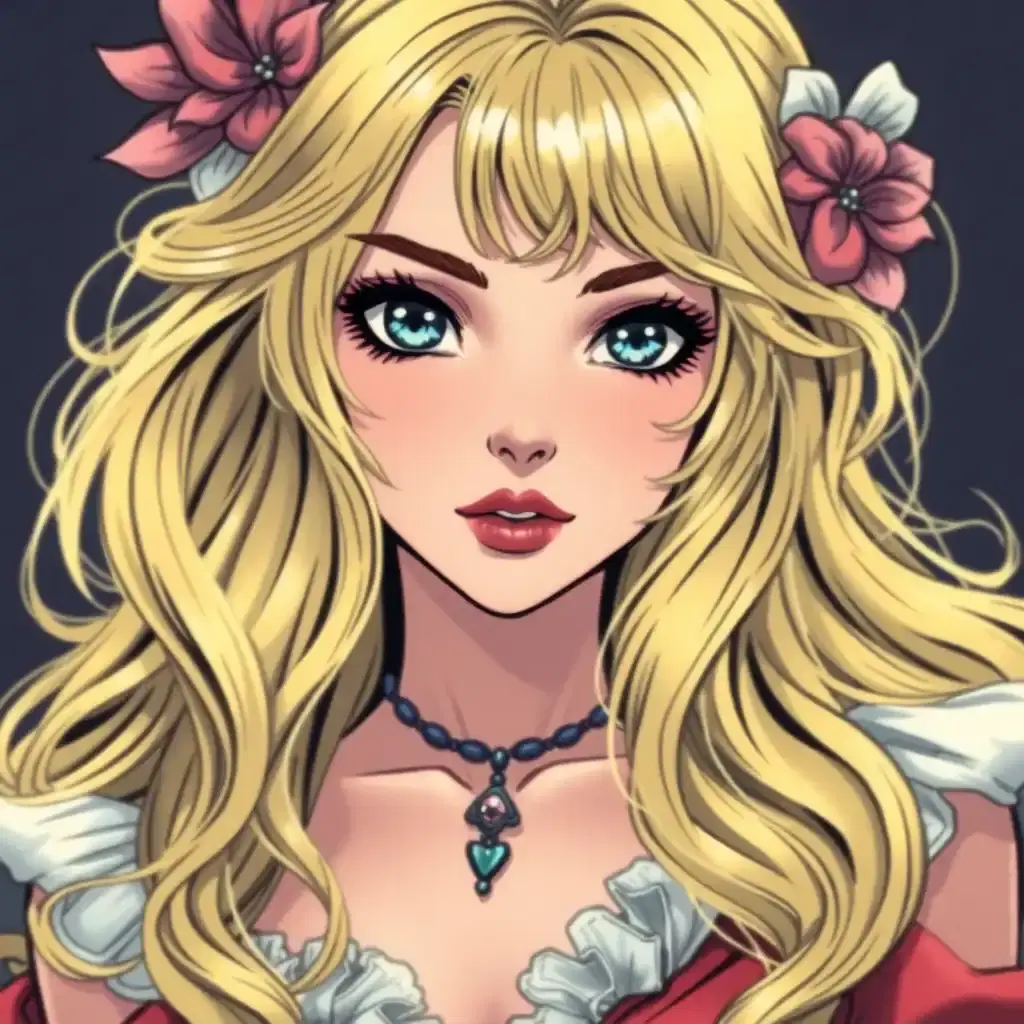 Create a spellbinding femme anime character, adorned with cascading locks of blonde hair and entrancing blue eyes, reminiscent of a fairy tale enchantress. Immerse her in a vibrant, vintage comic book universe, where each detail pops with color and precision that blurs the lines between fantasy and reality.