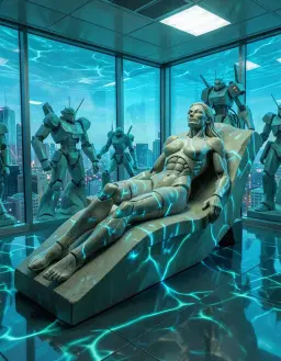 colossal sand sculpture of an anatomized cyborg female reclining on a sleek chaise in a glass corporate laboratory overlooking a bustling city, retro 80s mecha style with angular robot forms, underwater caustic lighting with rippling blue‑teal patterns shimmering across the sculpture and surroundings, luminous polished surfaces reflecting fluid distortions, dynamic perspective