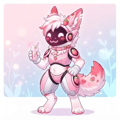 Protogen furry OC with pink LED visor showing UwU face, strawberry themed fur markings, cute digital art, clean background